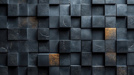 A 3D futuristic wall background made of black tiles and polished square blocks, providing a sophisticated and sleek wallpaper design.