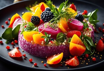 colorful culinary presentation featuring fresh ingredients vibrant food arrangement, dish, plate, vegetables, fruits, herbs, colors, textures, gourmet