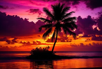 silhouette exotic palm tree stunningly vibrant sunset featuring rich purple gradient colors, orange, pink, nature, tropical, evening, sky, landscape, beauty