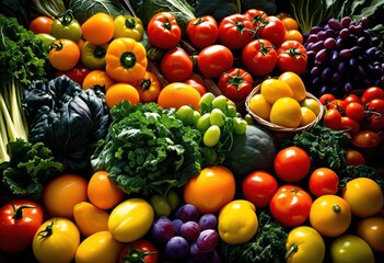 vibrant colorful produce display showcasing fresh fruits vegetables eye catching arrangement, organic, market, assortment, gourmet, harvest, nature, food