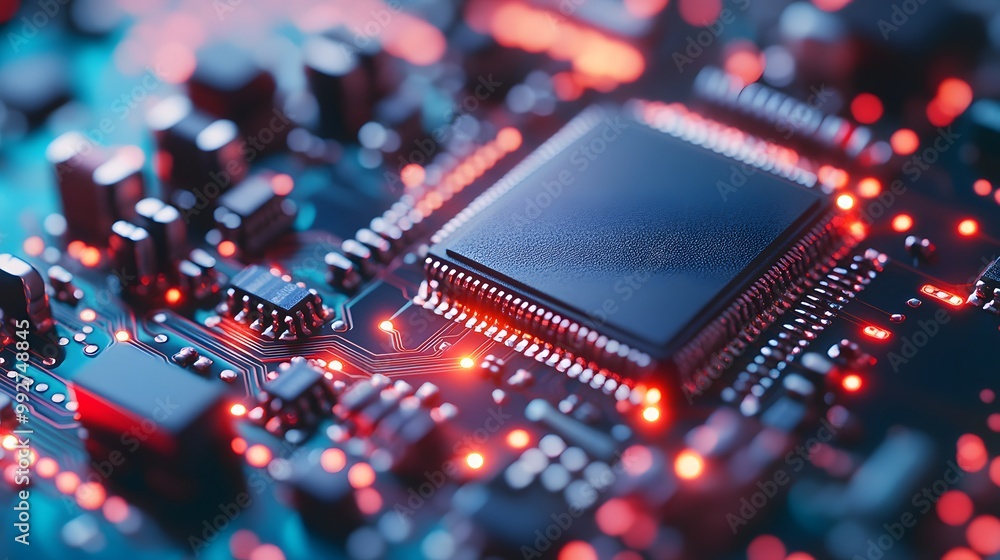 Poster 7. a close-up of a circuit board with microchips and glowing led lights, emphasizing the intricacy o
