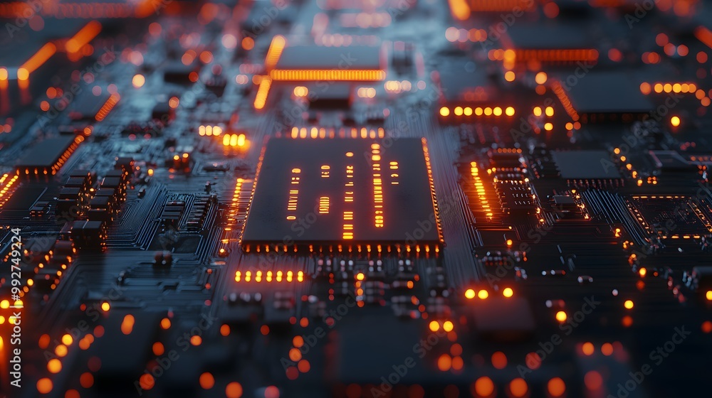 Poster 7. a close-up of a circuit board with microchips and glowing led lights, emphasizing the intricacy o