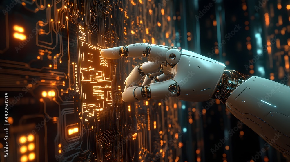 Poster 2. a robotic hand reaching out to interact with a glowing digital interface, surrounded by intricate