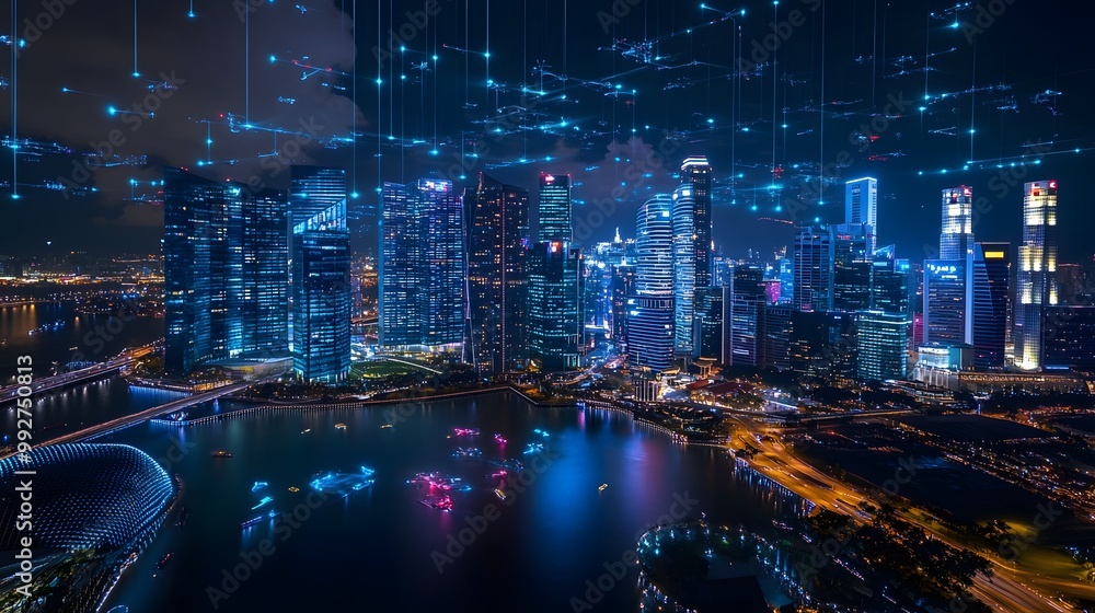 Poster 3. a vibrant city skyline at night, illuminated by drone lights and connected by floating data strea