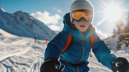 A boy in a blue jacket and a protective ski mask is skiing down a snowy mountain. Downhill skiing training. An active lifestyle. The scene is bright and sunny