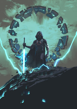 Fototapeta A shadowy knight in a flowing black cloak holds a sword, representing darkness and mystery in a fantasy world, digital art style, illustration painting