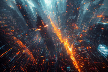 Naklejka premium Abstract Cityscape with Glowing Lines and Sharp Angles in a Futuristic Vision
