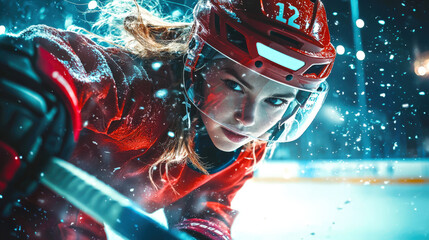 The woman is a professional ice hockey player. A hockey player in a red T-shirt with the number 12 on her helmet. She is holding a hockey stick and is about to strike. Ice hockey training