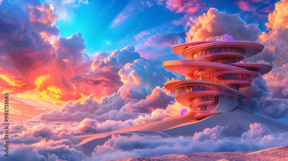 Poster surreal abstract structure amid colorful clouds