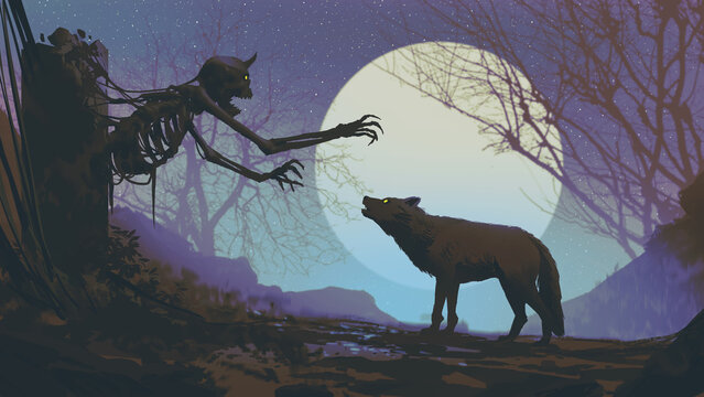 Fototapeta A haunting graphic of a wolf meeting a ghost in a dark, eerie cemetery under a moonlit sky, blending horror and mystery., digital art style, illustration painting