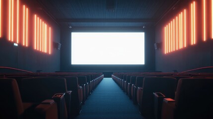 Empty cinema hall with glowing aisle lights and a blank white screen. AI-generated, no people, no logos.