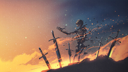 A dramatic graphic of a skeleton ghost engulfed in radiant holy light, symbolizing a clash between dark spirits and divine forces., digital art style, illustration painting
