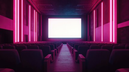 Futuristic cinema hall with neon lights and a blank white screen, rows of gray seats. No people, no logos.