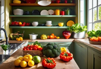 vibrant kitchen setup showcasing top food safety practices colorful organized fresh ingredients, accessibility, ambiance, appealing, arrangement, appliances