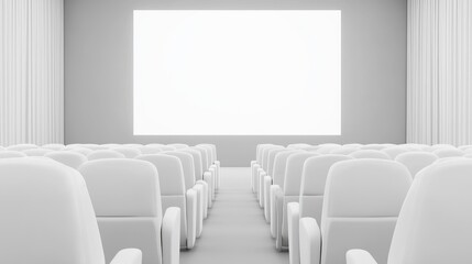 Luxury theater design with rows of white leather chairs and a blank white screen. AI-generated, no people, no logos.