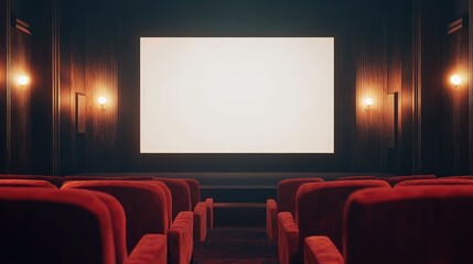 Obraz premium Modern movie theater with soft lighting, red velvet chairs, and a blank white screen. AI-generated, no people, no logos.