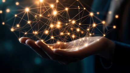 A hand holding a glowing network of lines and points, representing connection and digital communication.