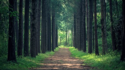 Fototapeta premium photography of a peaceful forest with tall trees and a path,