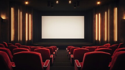 Fototapeta premium Modern movie theater with soft lighting, red velvet chairs, and a blank white screen. AI-generated, no people, no logos.