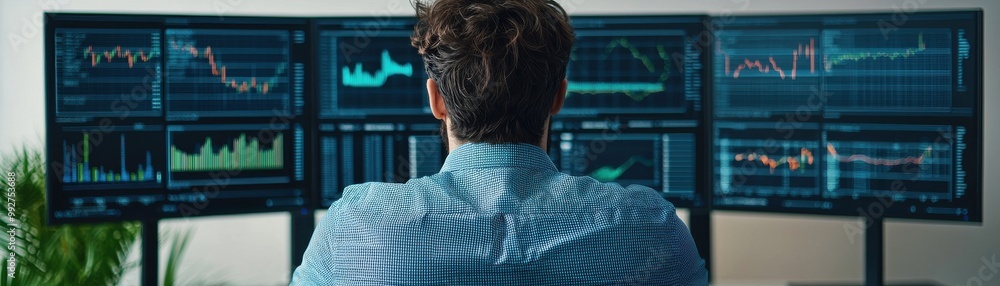 Poster a professional analyst observes multiple data monitors, analyzing financial trends and market insigh