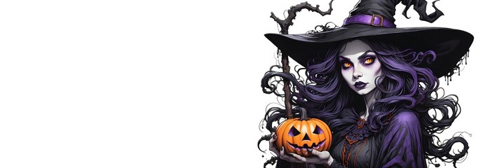 Fototapeta premium Halloween banner with creepy witch on background with copyspace. Spooky holiday banner mockup 