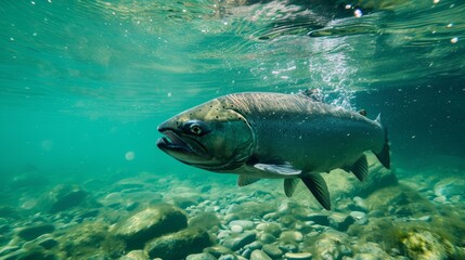 Fototapeta premium Fishing for wild salmon, fish underwater. 