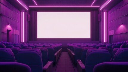 Fototapeta premium Movie theater with vibrant purple seats and a wide blank white screen mockup. AI-generated, no people, no logos.