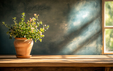 A beautiful potted plant on a wooden table in a sunlit room with a blue wall and gentle shadows in the afternoon