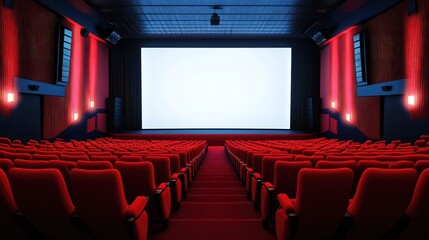 Fototapeta premium Spacious cinema hall with perfectly aligned rows of red seats and a white blank screen. No people, no logos.