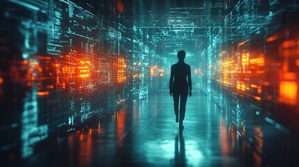Fototapeta premium A 3D rendering of a virtual human silhouette on a technology background, depicting the integration of digital and human elements in a modern context.