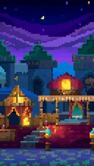 Obraz premium Arabian bazaar at night pixel art background. 8-bit game assets