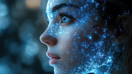 A 3D rendering of AI research focusing on robot and cyborg advancements, highlighting the intersection of digital data mining and machine learning in future technology.