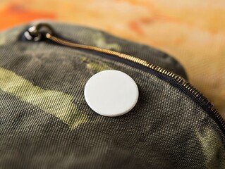 A close up of a zipper bag with a white button on it