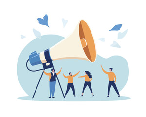 Business People Announcing Promotion with Megaphone, Minimalist Flat Vector, Marketing Communication Concept, Public Relations, Employee Communication, Organization Speech Illustration