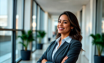Fototapeta premium Woman in Business Suit Smiling and Standing in Modern Office with Large Windows - Professional and Confident Atmosphere Concept