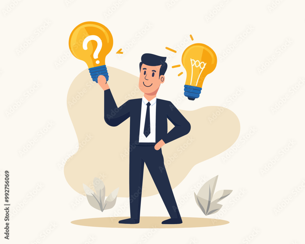 Poster creative problem solving and q&a concept - businessman holding question mark and lightbulb icons vec