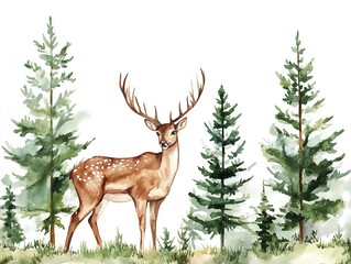 Obraz premium Watercolor forest scene with a deer and pine trees, hand-drawn on white background.