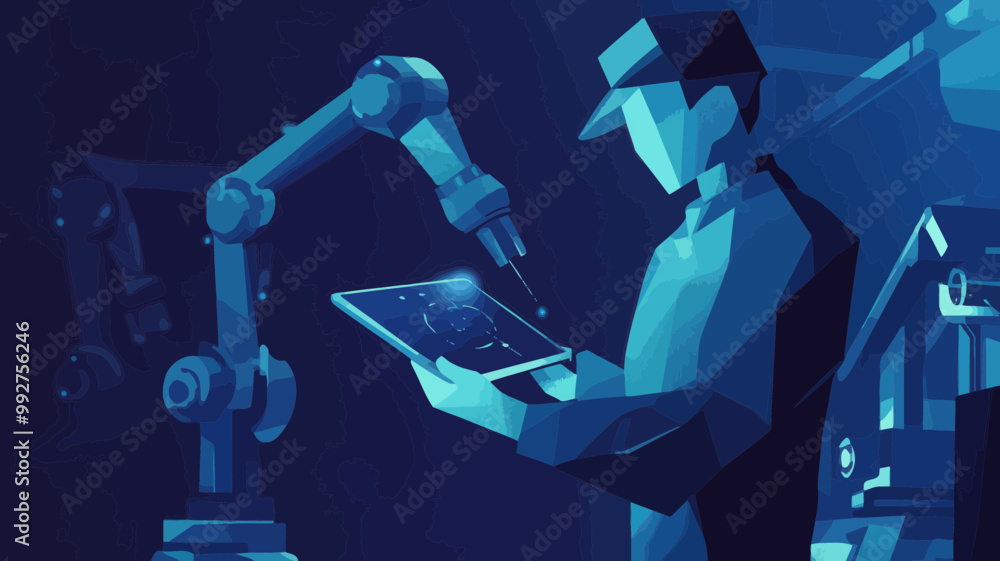 Poster abstract polygonal engineer controlling robotic arm with tablet in smart technology manufacturing pr