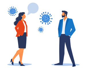 Social Distancing Business Meeting Illustration - COVID-19 Coronavirus Prevention, Businessman and Businesswoman Keeping Safe Distance, Virus Pathogens, Flat Minimalist SVG Vector