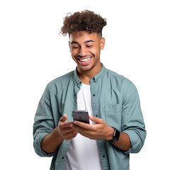 Smiling Young Man Holding A Smartphone While Wearing Casual Outfit On White Background