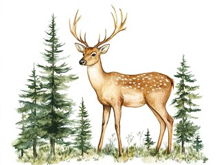 Obraz premium Deer in the forest with pine trees, hand-drawn watercolor, white backdrop.