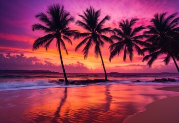 vibrant tropical shore sunset rich hues purple reflecting calm waters silhouetted palm trees, beach, orange, pink, reflection, sky, clouds, landscape