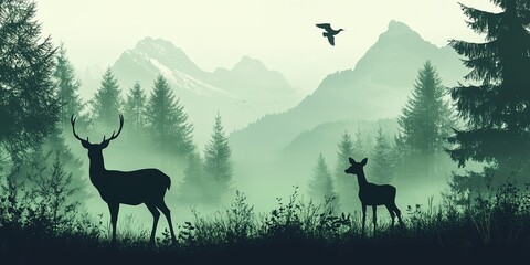 Deer silhouette with a female and fawn on grassland, forest and mountains in the background, green tones.