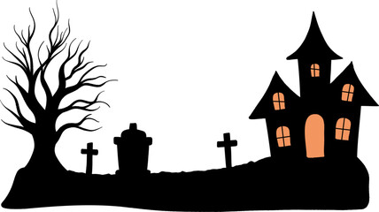 Haunted house with graveyard and bare tree Halloween illustration