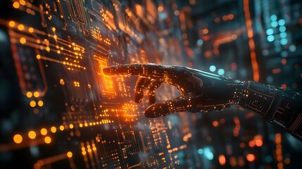 2. A robotic hand reaching out to interact with a glowing digital interface, surrounded by intricate circuitry patterns