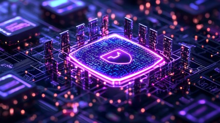 Fototapeta premium Abstract Cybersecurity Concept Colorful Circuit Board with Shield Icon, High-Resolution Digital Composition, Futuristic Technology Perspective