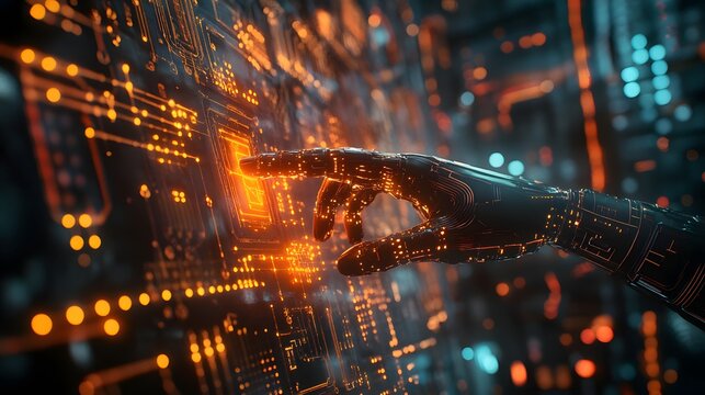 2. A robotic hand reaching out to interact with a glowing digital interface, surrounded by intricate circuitry patterns
