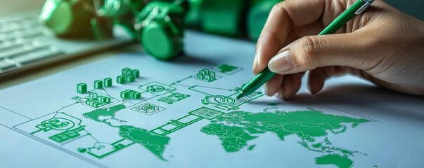 Conceptual Illustration of Global Business Strategy and Planning in Green, Focus on Hand Reviewing Data-Driven Map and Diagrams Near Computer Keyboard