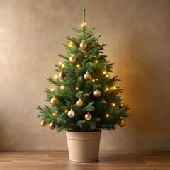 Fototapeta premium A simple, decorated Christmas tree in a pot stands near a beige wall, adorned with golden ornaments and soft lights, radiating holiday warmth and charm.