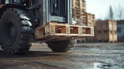 A Forklift with a Wooden Pallet in Focus, Ready for Loading